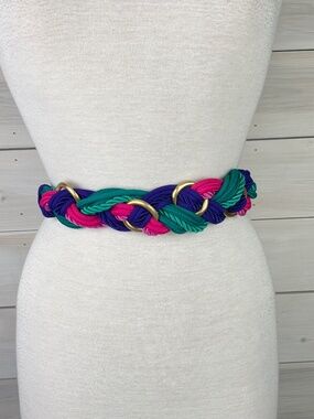 Vintage 1980s Colorful Braided Rope Belt Gold Rings Purple Pink Green